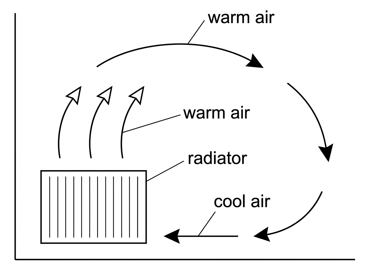 Side view of a room with a radiator near the floor, showing warm air rising above it and cooler air moving in near the floor; arrows indicate circulation.