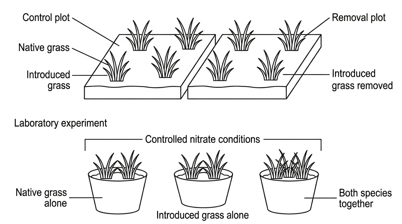 A field-study design diagram with paired plots: control plots where both grass species remain, removal plots where the introduced grass is removed, and laboratory pots growing the species alone and together under controlled nitrate conditions. Labels show treatments only, not expected outcomes.