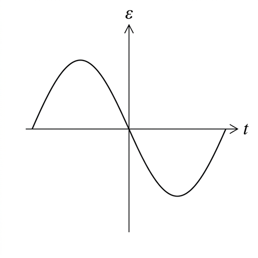 A small graph of induced emf $\varepsilon$ against time $t$. The curve is sinusoidal and starts at a positive maximum at $t=0$, then decreases through zero to a negative minimum.