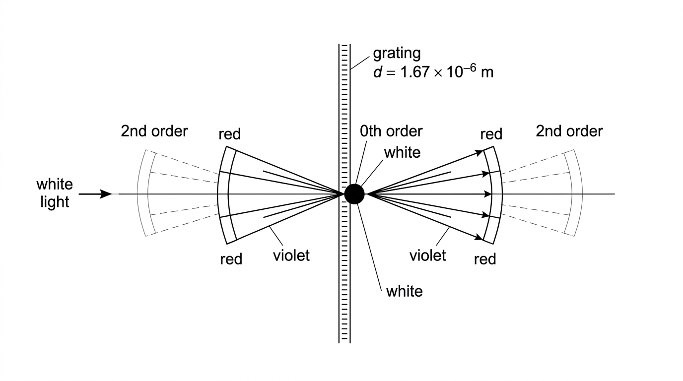 A grating spectrum diagram with a central white maximum on the axis and spectra on both sides. First-order spectra are shown with blue closer to the central maximum and red farther away. Higher-order regions are indicated more faintly without numerical angle labels.