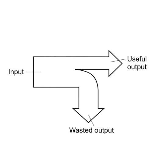 A Sankey diagram with an input arrow from the left splitting into two output arrows. The useful output arrow to the right is noticeably narrower than the wasted output branch, while the two output widths together equal the input width. Labels identify input, useful output and wasted output.