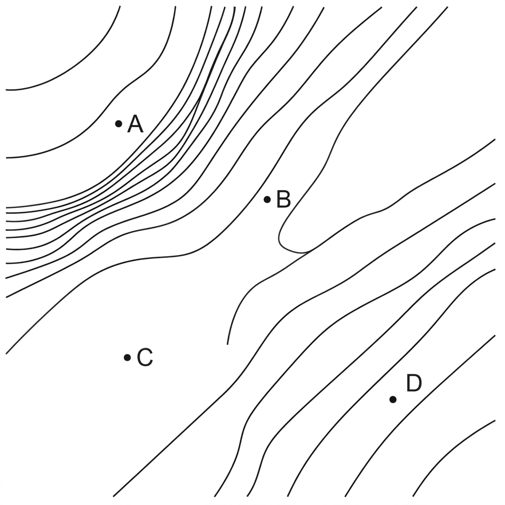 A two-dimensional equipotential map with several smooth, non-crossing equipotential lines. The lines are closest together near point A, moderately spaced near point B, widely spaced near point C, and evenly but not closely spaced near point D. The points A, B, C and D are marked in clear regions between neighbouring equipotential lines. Adjacent equipotential lines represent equal potential differences. No electric field arrows are drawn.