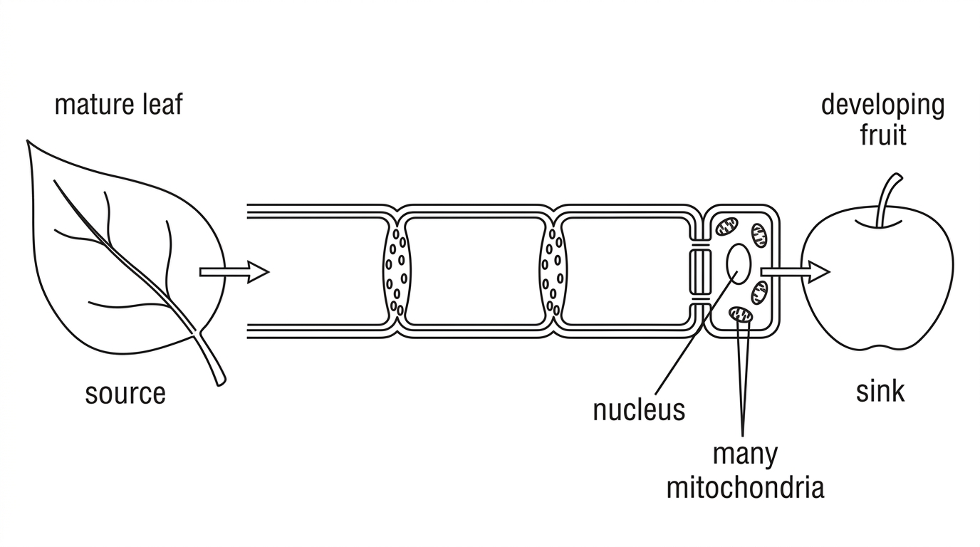 A diagram of a phloem sieve tube next to a companion cell. It should show sieve tube elements joined end to end with sieve plates, reduced cytoplasm, absence of a nucleus in sieve tube elements, a nucleated companion cell with many mitochondria, plasmodesmata between the cells, and arrows showing loading at a source and unloading at a sink without giving the explanation.