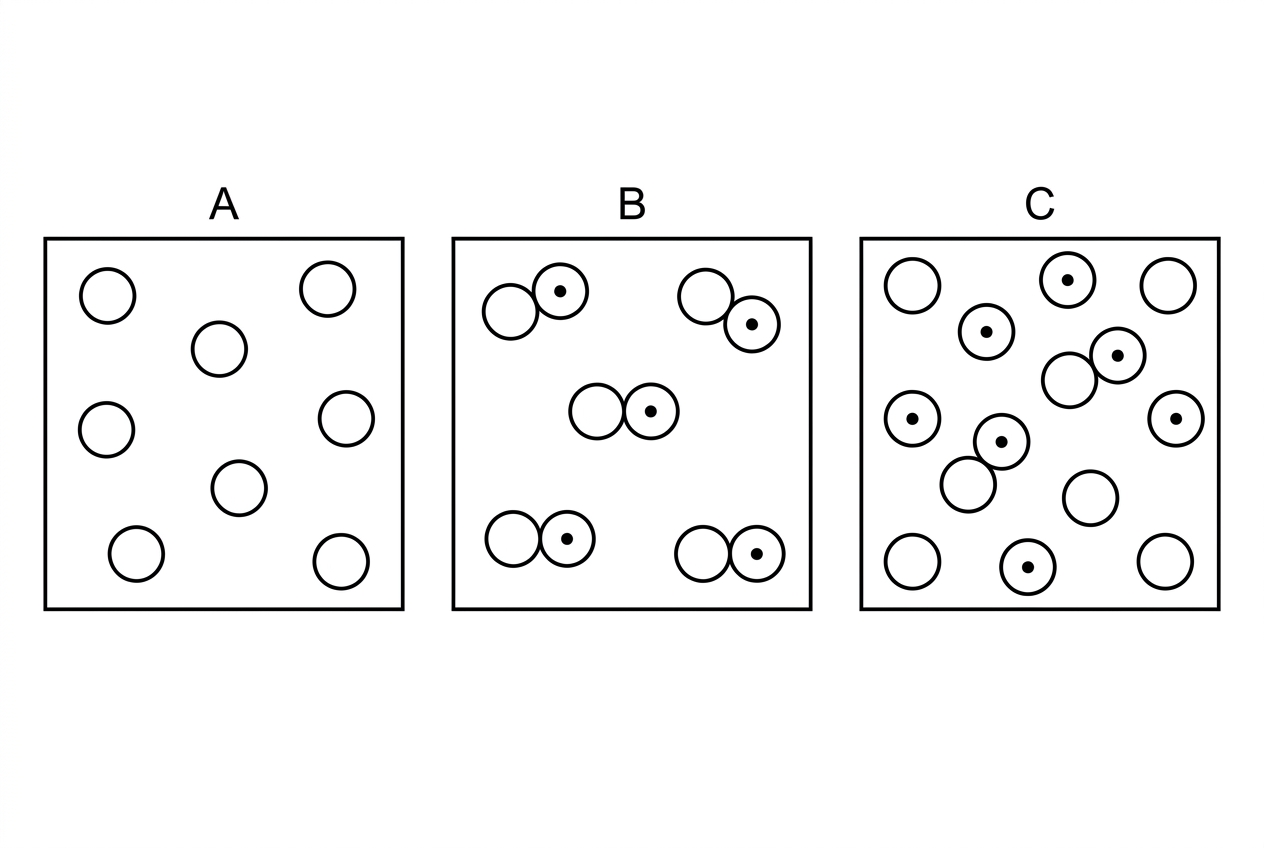 Three separate boxes labelled A, B and C showing simple particle diagrams. The boxes must allow comparison of one type of atom only, different atoms chemically bonded in identical particles, and different unbonded particles mixed together. Use different colours or shading for different elements and clear contact/joining to show bonding.