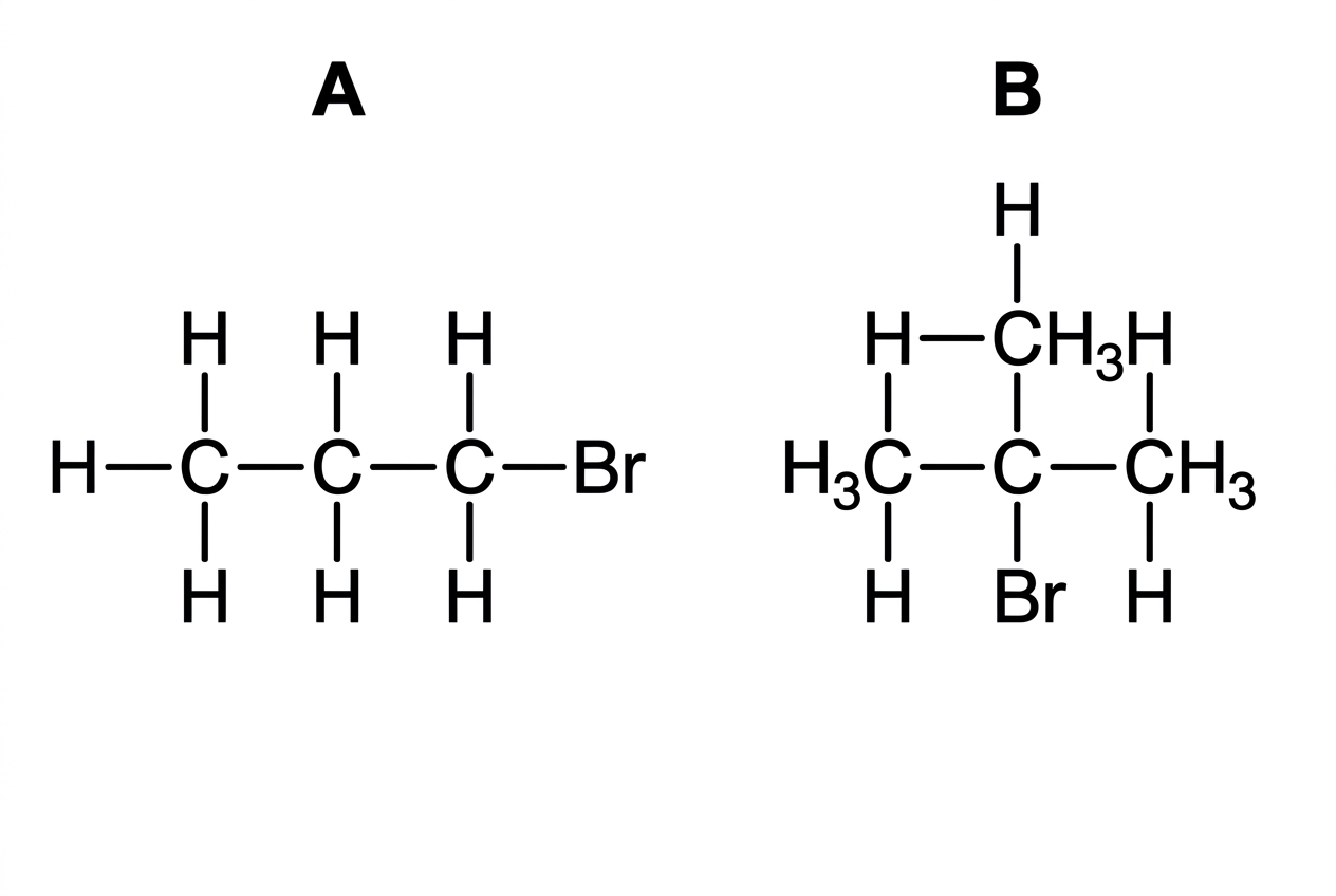 Two labelled displayed structural formulas: A, 1-bromopropane with bromine on a terminal carbon; B, 2-bromo-2-methylpropane shown as (CH3)3CBr, with a bromine atom explicitly attached to the tertiary carbon and only three methyl groups around it. No mechanism arrows or products are shown.