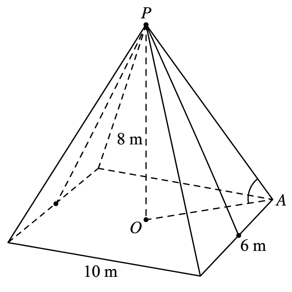 A right rectangular-based pyramid with the apex above the base centre. Two different face slant heights, the vertical height and a sloping edge to a base vertex are indicated.