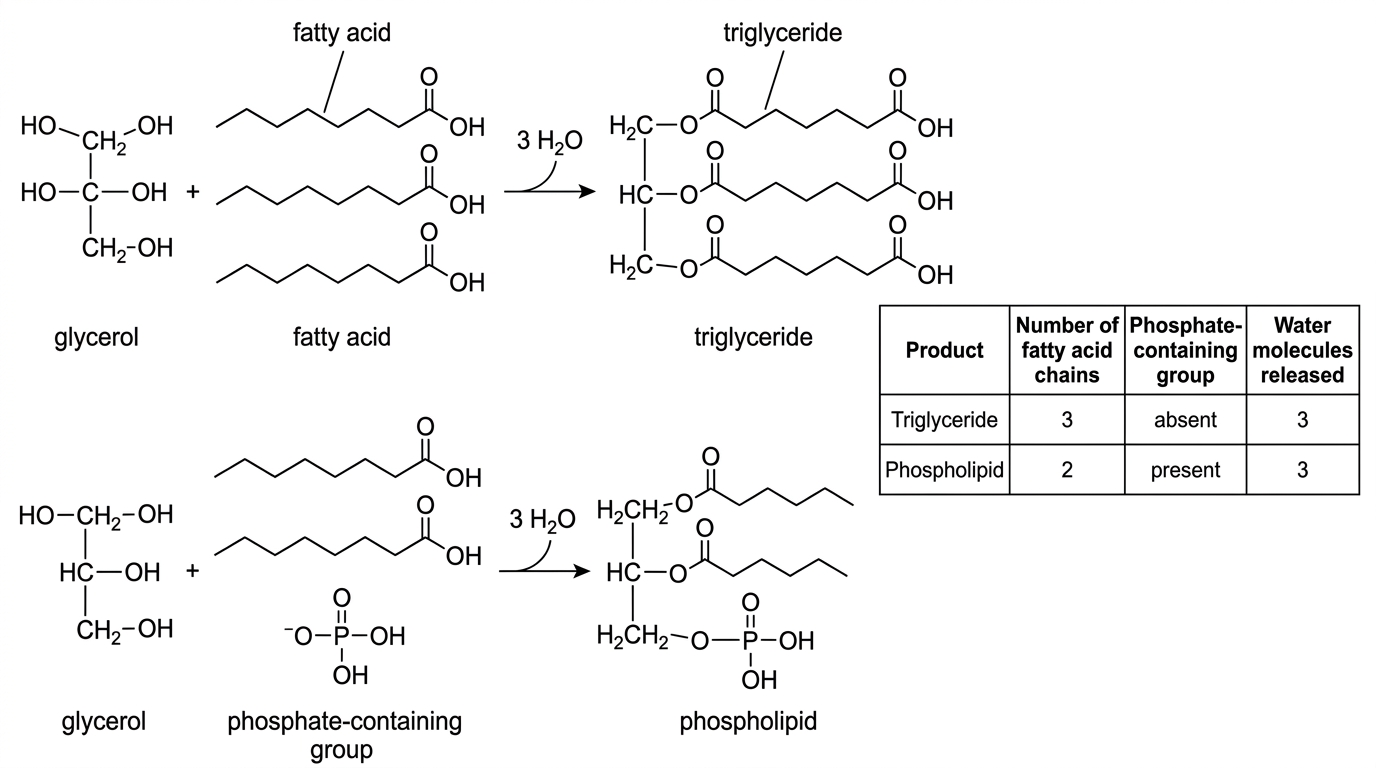 A reaction-scheme stimulus showing glycerol with three hydroxyl groups. One pathway shows glycerol reacting with three fatty acids to form a triglyceride; the other shows glycerol reacting with two fatty acids and one phosphate-containing group to form a phospholipid. Ester bonds are indicated but not named. A small table compares the number of fatty acid chains, presence of phosphate group and number of water molecules released for each product.