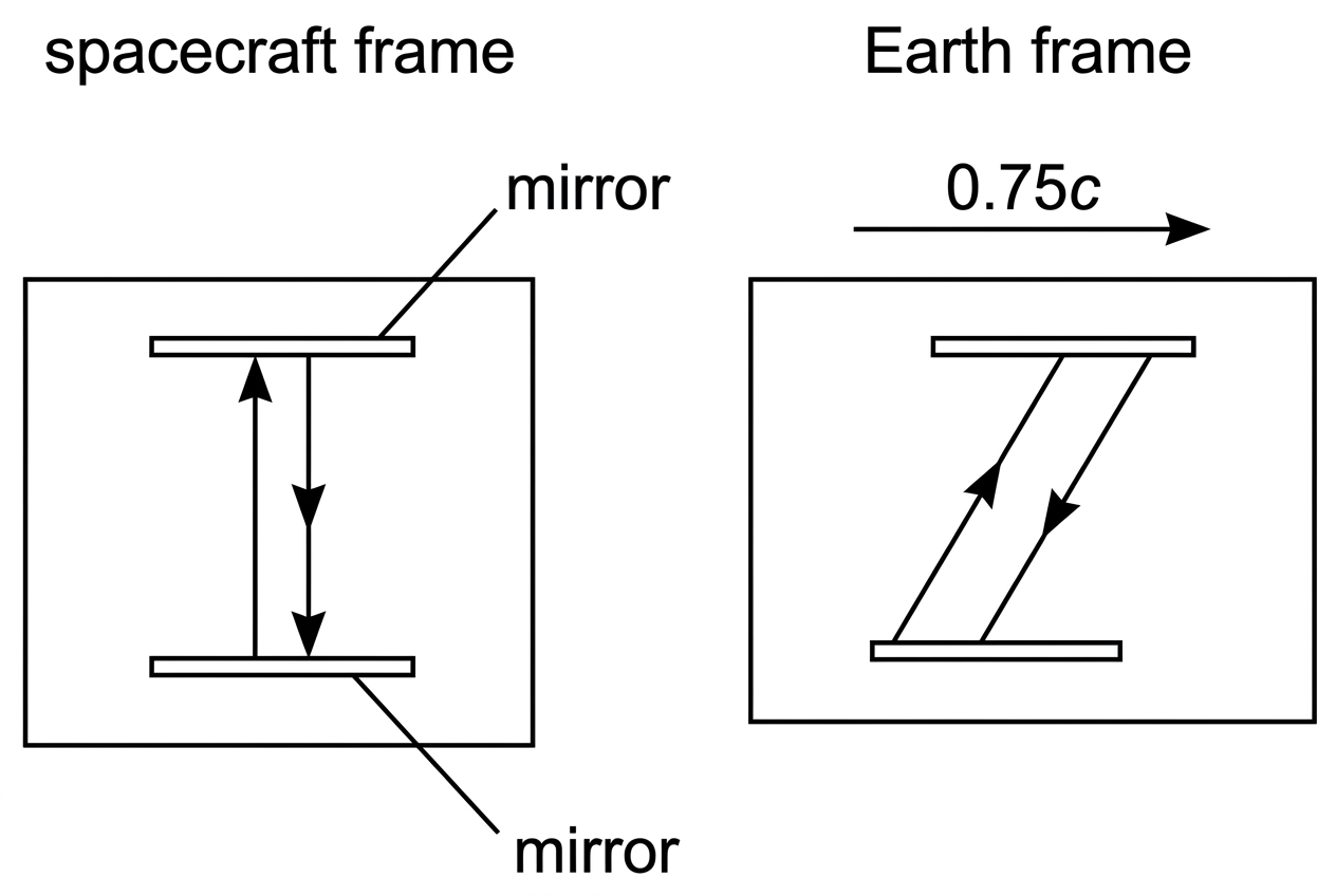 A light-clock diagram with two panels. One panel shows a spacecraft rest frame where light travels vertically between two mirrors. The other panel shows the same clock moving horizontally relative to Earth so that the light path is diagonal. Labels include spacecraft frame, Earth frame, mirrors, and speed 0.75c, but no calculated times.