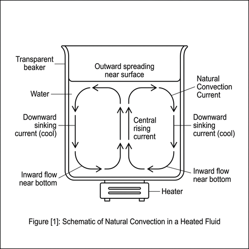 A simple cross-section of a beaker containing water with a small heater centred under the base. Draw arrows showing water rising vertically above the heater, spreading outward near the surface, sinking down near both side walls, and flowing inward along the bottom back toward the heater. Use the same line weight and arrow style as the other options.
