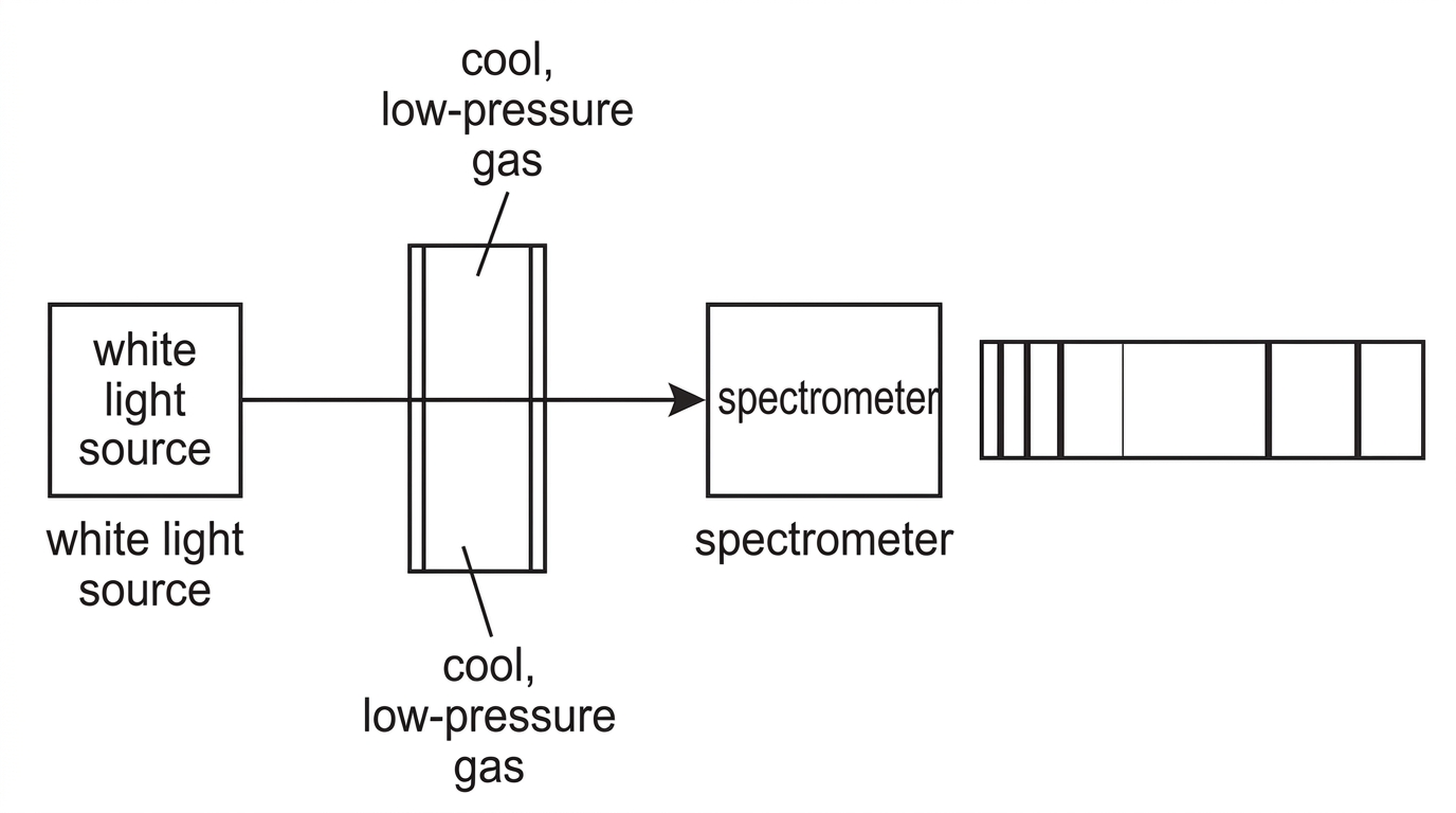 A labelled diagram showing a continuous white-light source, a cell containing cool low-pressure gas, a spectrometer, and an observed absorption spectrum with dark lines on a continuous background. The diagram should not label the dark lines with specific elements or energy transitions.