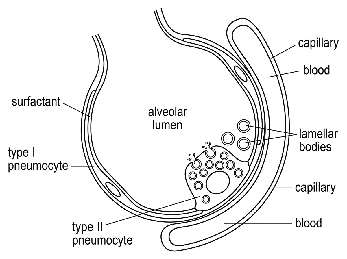 A cross-section of part of an alveolus showing a very thin type I pneumocyte forming most of the alveolar wall and a cuboidal type II pneumocyte containing many lamellar bodies near the alveolar lumen. A nearby capillary should be shown, with air space and blood separated by a thin barrier.