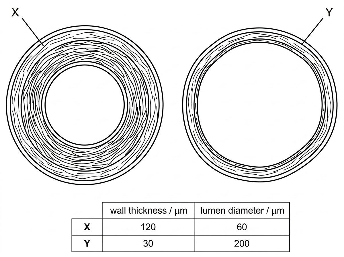 An annotated light micrograph-style image showing two transverse blood vessel sections labelled X and Y. Vessel X has a thick, rounded wall with a relatively small circular lumen and visible layered wall tissue. Vessel Y has a thinner wall, wider irregular or slightly collapsed lumen and less obvious muscle or elastic tissue. A small accompanying data table gives wall thickness and lumen diameter for X and Y without revealing the vessel names.