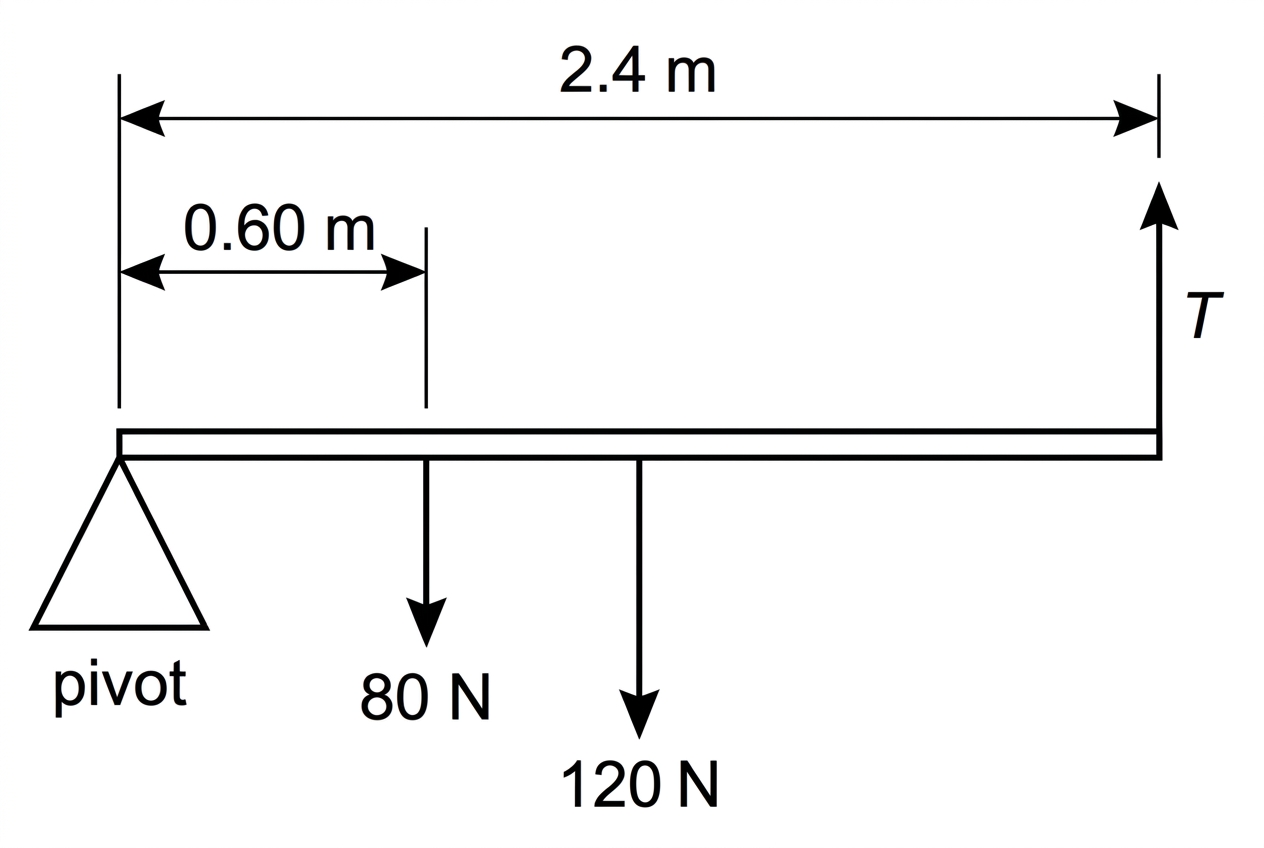 A side-view line diagram of a horizontal beam. The left end rests on a triangular pivot labelled pivot. The right end has a vertical upward cable force labelled $T$. The beam length is labelled $2.4\ \text{m}$. The beam weight $120\ \text{N}$ acts downward at the centre of the beam. A load force $80\ \text{N}$ acts downward closer to the pivot, with distance from the pivot labelled $0.60\ \text{m}$.
