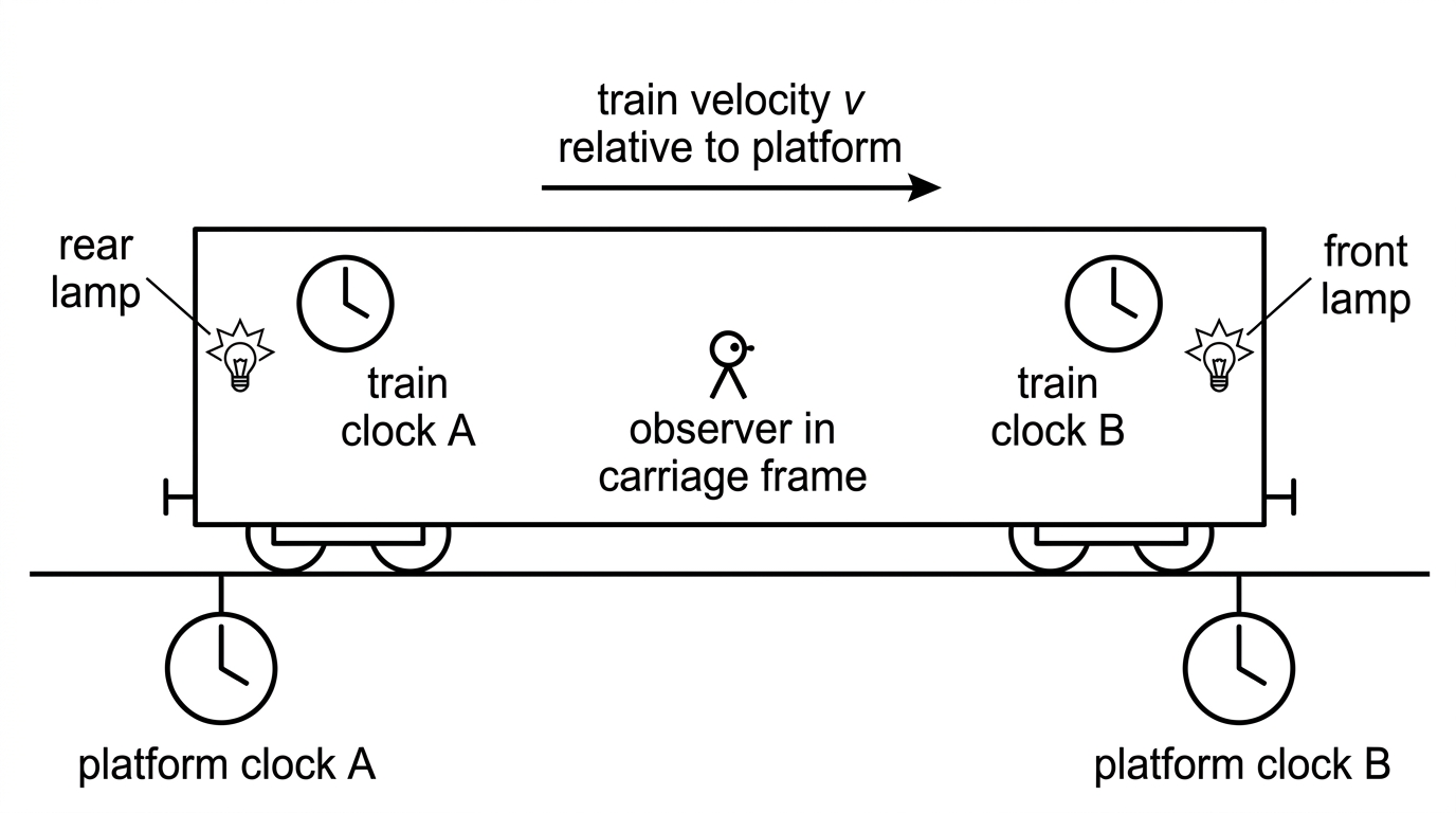 Side-view diagram of a train carriage moving relative to a platform, with lamps at the front and rear and synchronized clocks in both frames indicated without showing the answer order.