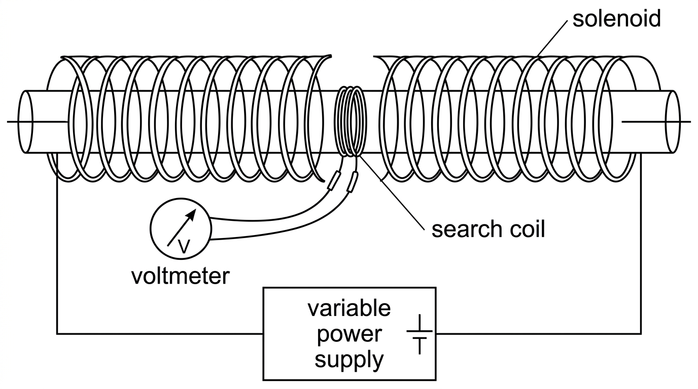 Diagram of a solenoid connected to a variable power supply with a small search coil inside it connected to a voltmeter.