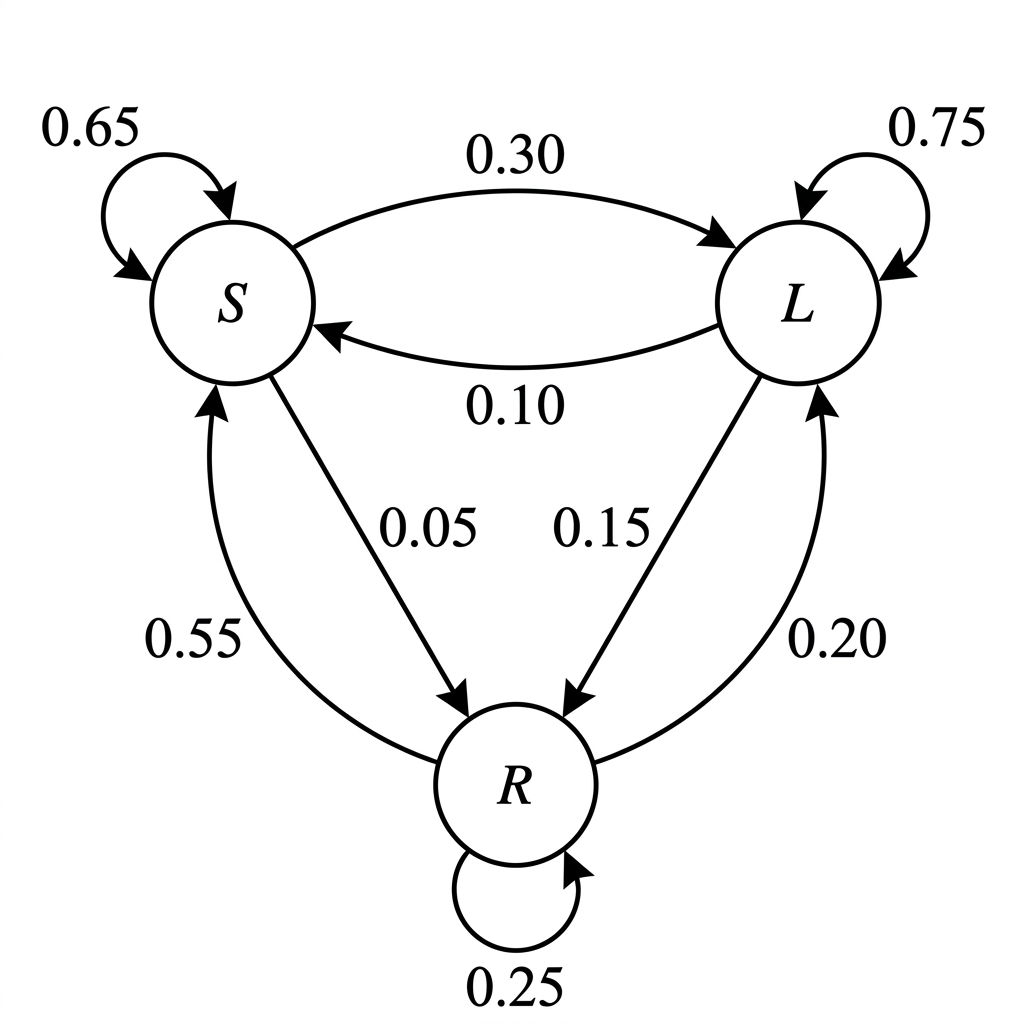 A transition diagram with three nodes S, L and R and directed arrows corresponding to all entries of the given transition matrix.