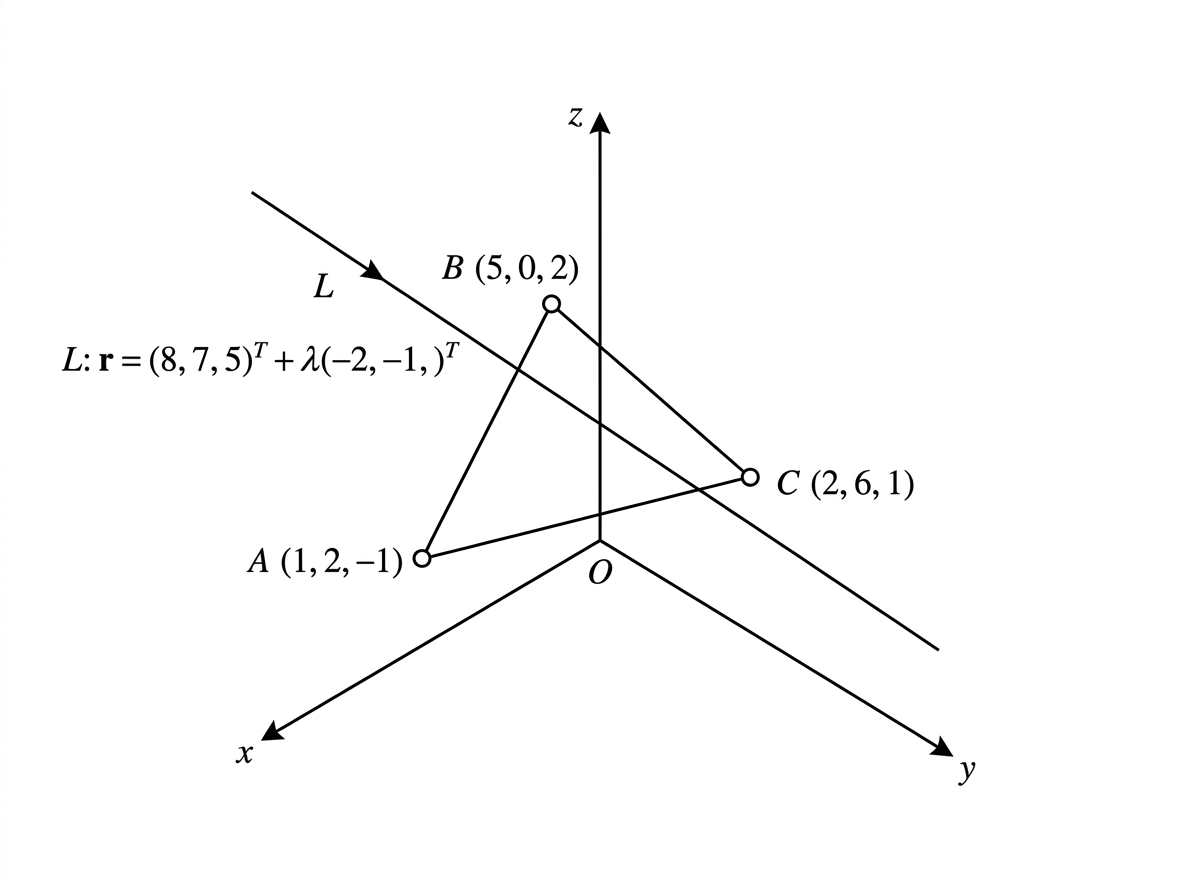A 3D schematic showing triangular metal plate $ABC$ lying within a larger translucent plane, with an infinite straight line labelled $L$ intersecting the plane at a point outside the finite triangle, on an extension beyond the plate. Show the line direction with an arrow, but do not show intersection coordinates or suggest that the line enters the triangular plate.