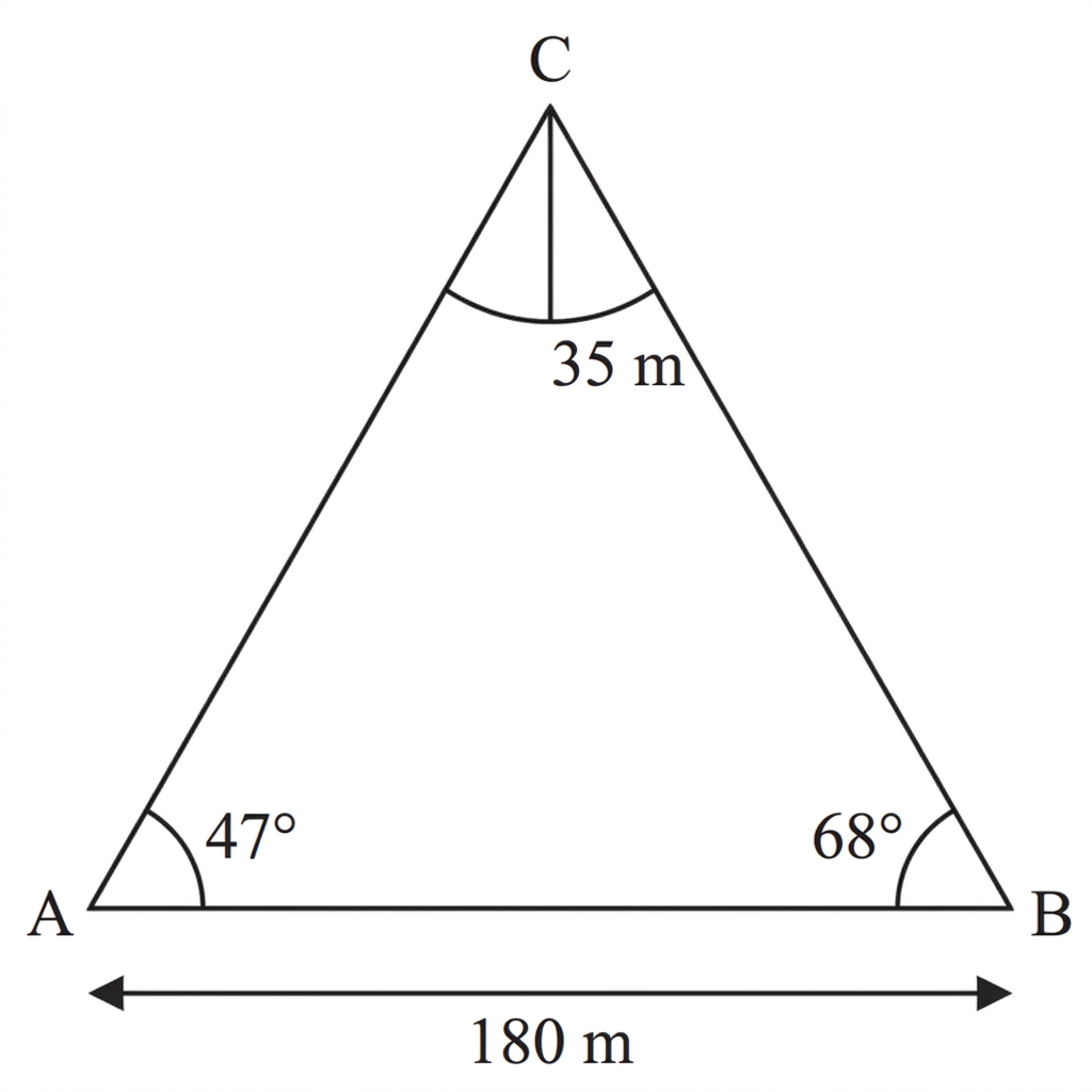 A labelled triangle ABC with AB as a straight accessible boundary and C inside the wildlife reserve. A circular sector centred at C lies within the triangle, with its radii along CA and CB. The measured side, angles and sector radius are indicated.