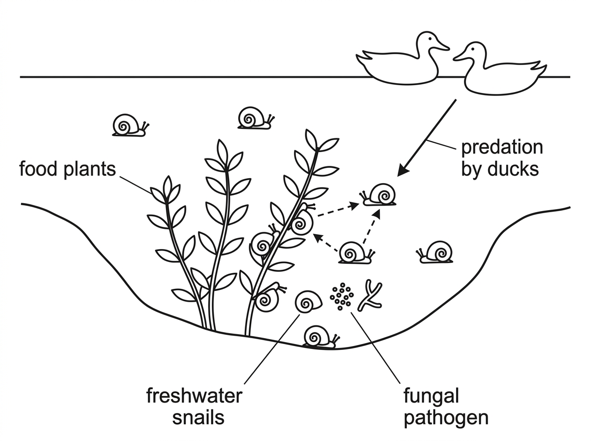 A simple ecological diagram of a pond community showing freshwater snails, aquatic plants, ducks and a fungal pathogen. Labels should indicate food plants, predation by ducks and disease transmission among snails without giving explanatory text about feedback.