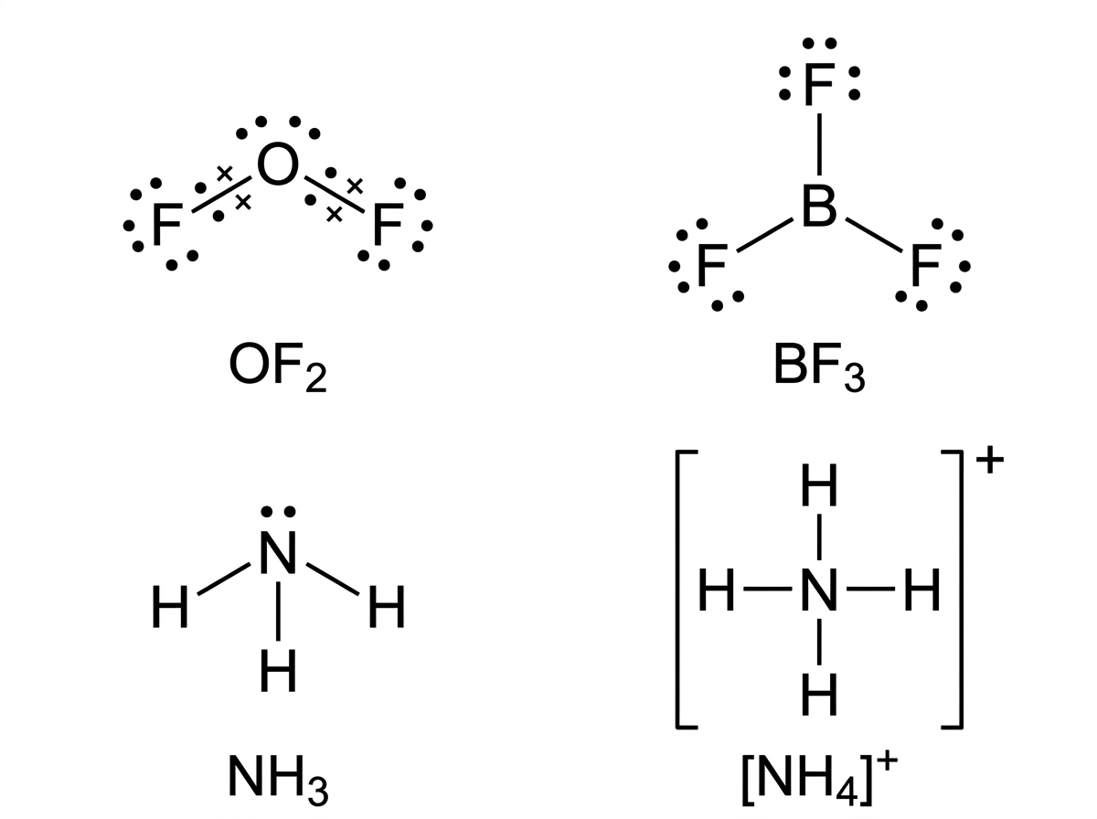 An annotated panel of Lewis formulas for four labelled species including $OF_2$, $BF_3$, $NH_3$ and $NH_4^+$. The display shows bonding pairs, lone pairs, brackets and charge where appropriate, with one species having fewer than an octet around the central atom. The panel should not include total valence electron counts or explanatory notes.