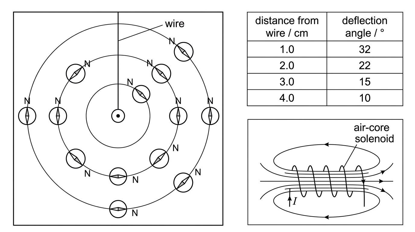 A top-view diagram of a vertical wire through a card with concentric circular guide lines around the wire. Plotting compasses at several positions have their north-seeking ends aligned tangentially to the circular field pattern. A small table beside the diagram shows compass deflection angle at different distances from the wire. A second small inset shows an air-core solenoid with labelled current direction and field lines inside and outside.