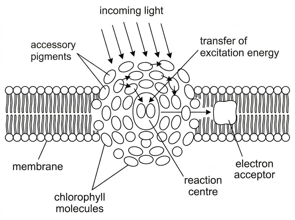 A schematic diagram of a membrane with a photosystem embedded in it. Many pigment molecules are shown as small circles or ovals surrounding a central reaction centre. Arrows show light absorption by several pigments and transfer of excitation energy toward the reaction centre, where an excited electron is emitted to an electron acceptor. Labels include membrane, accessory pigments, chlorophyll molecules, reaction centre and electron acceptor.