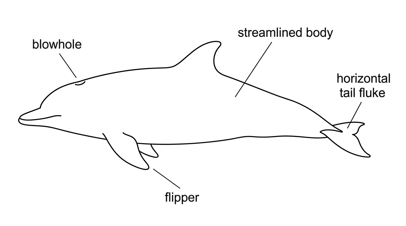 Side-view outline of a dolphin-like marine mammal showing streamlined body, flippers, horizontal tail fluke and blowhole position; labels point to structures but not functions.