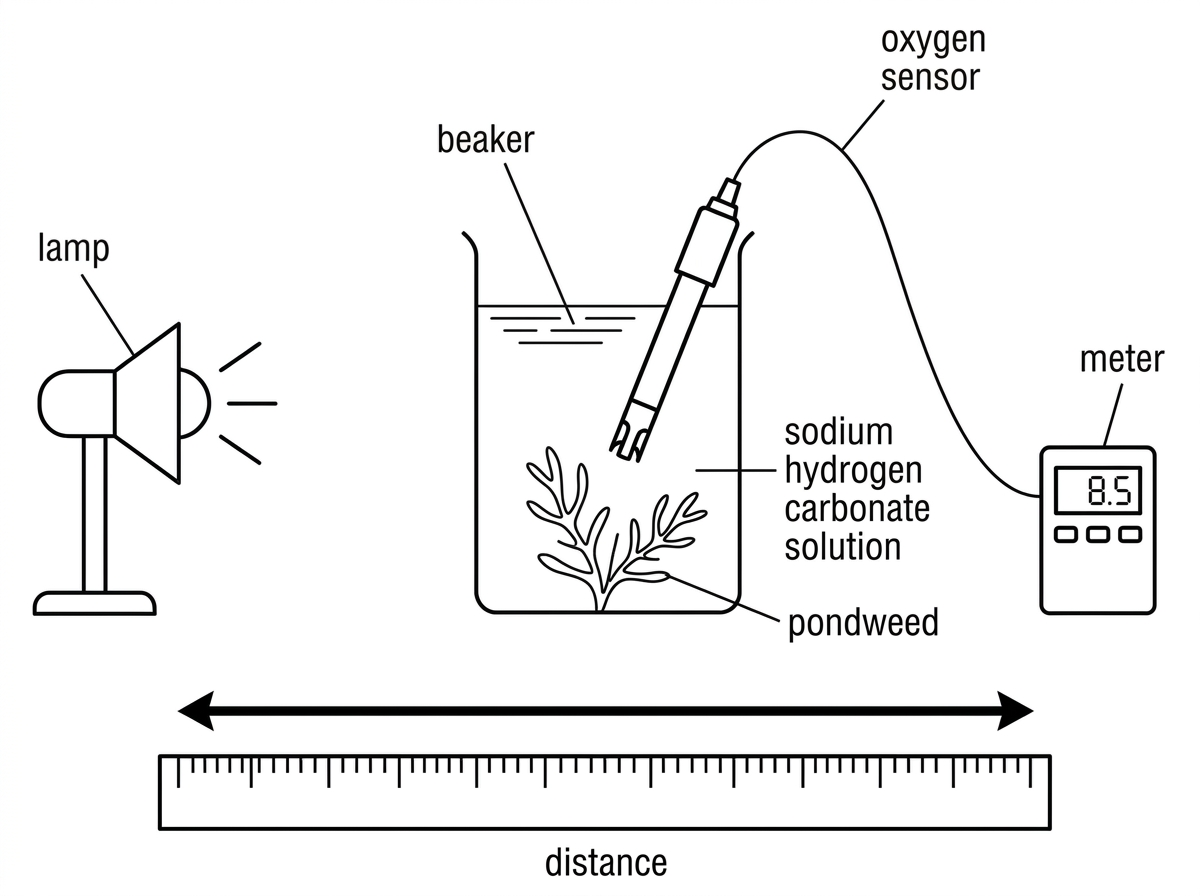 A simple apparatus diagram showing pondweed submerged in sodium hydrogen carbonate solution, a lamp placed at a measurable distance from the beaker or tube, and equipment for collecting or measuring oxygen production. Labels should include lamp, distance, pondweed, solution, and oxygen collection or sensor.