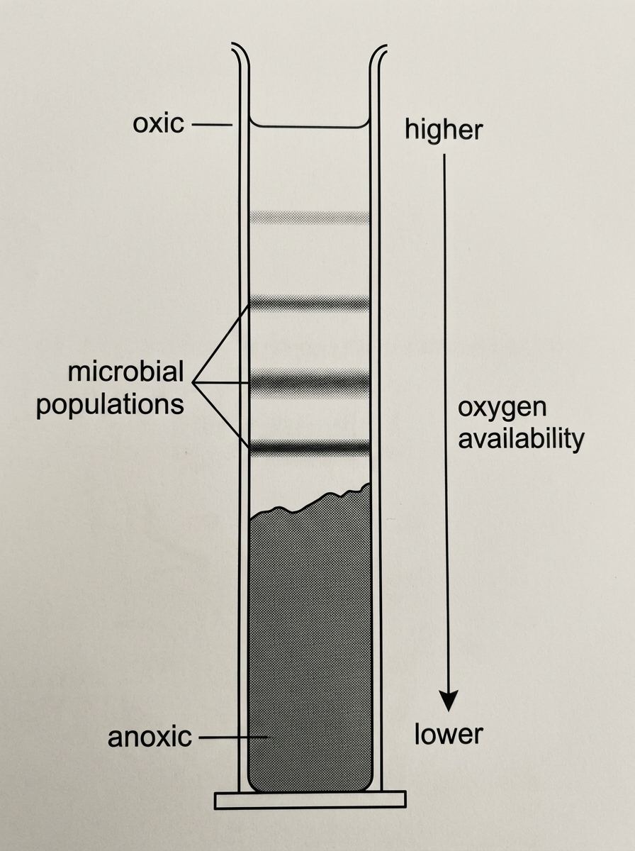A vertical Winogradsky-style column with pond water above sediment. The top region is labelled oxic, the deep mud is labelled anoxic, and there are several unlabelled microbial bands at different depths. A side gradient arrow indicates oxygen availability decreasing with depth but does not name the organism groups.