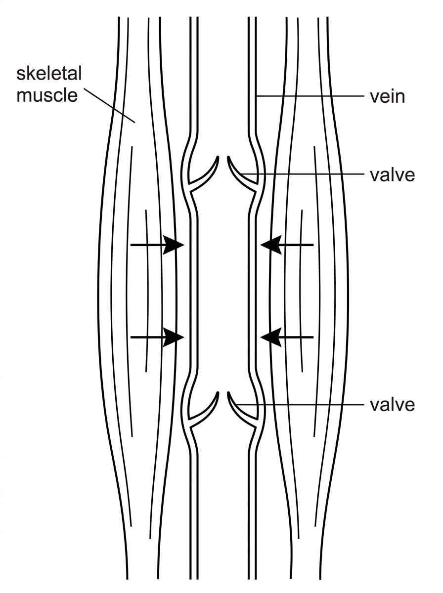 Simple longitudinal diagram of a leg vein between skeletal muscles with two pocket valves and arrows indicating possible compression by muscle; no labels explaining valve function.