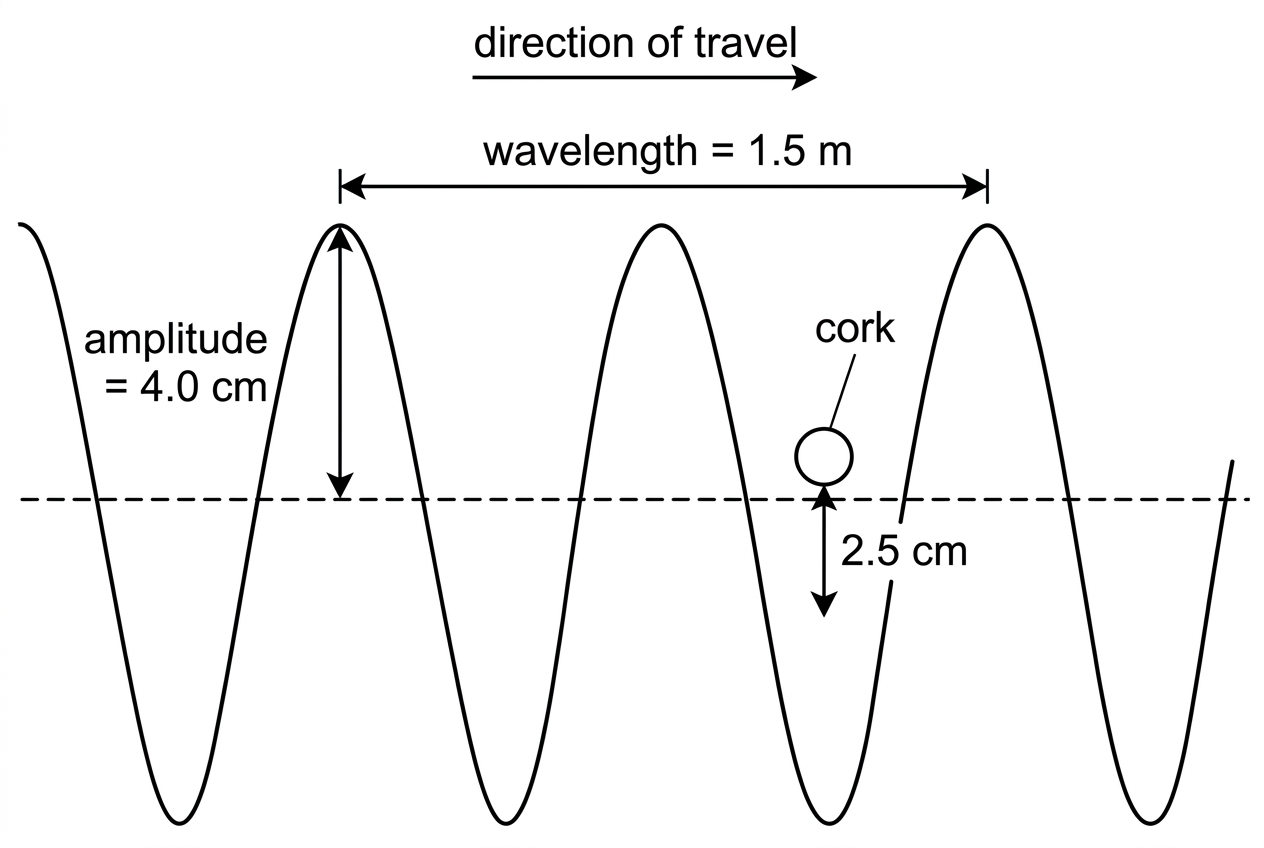 Side view of a sinusoidal water wave travelling horizontally with a cork at the surface. The amplitude is shown as the vertical distance from equilibrium to a crest, and the wavelength is shown between adjacent crests. The direction of wave travel is indicated.