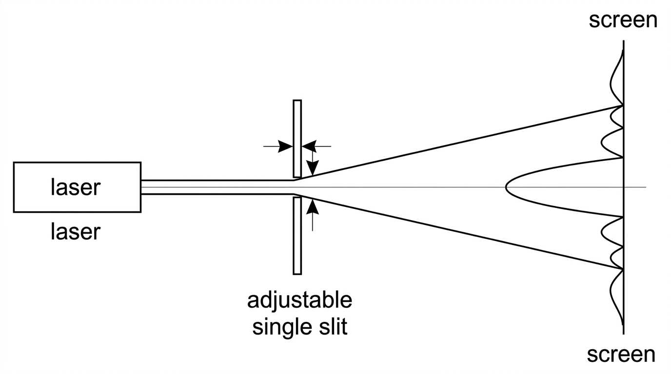 Sketch of a laser, adjustable single slit and screen showing a central maximum and weaker side maxima; no numerical dimensions.