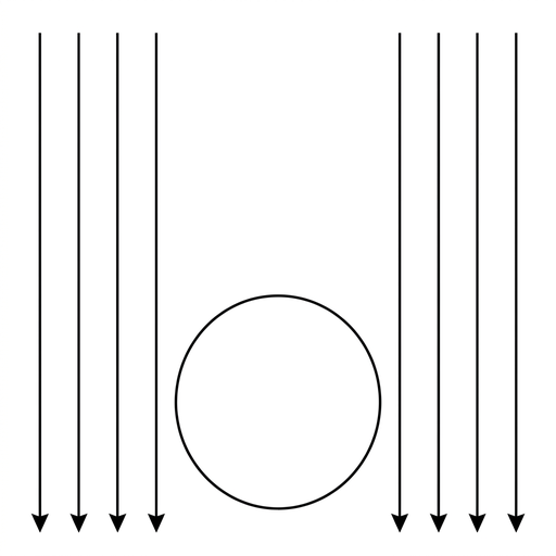A circular planet near the bottom of the diagram with parallel vertical field lines passing beside it. The lines are equally spaced and all arrowheads point downward. The field lines are not radial toward the planet.
