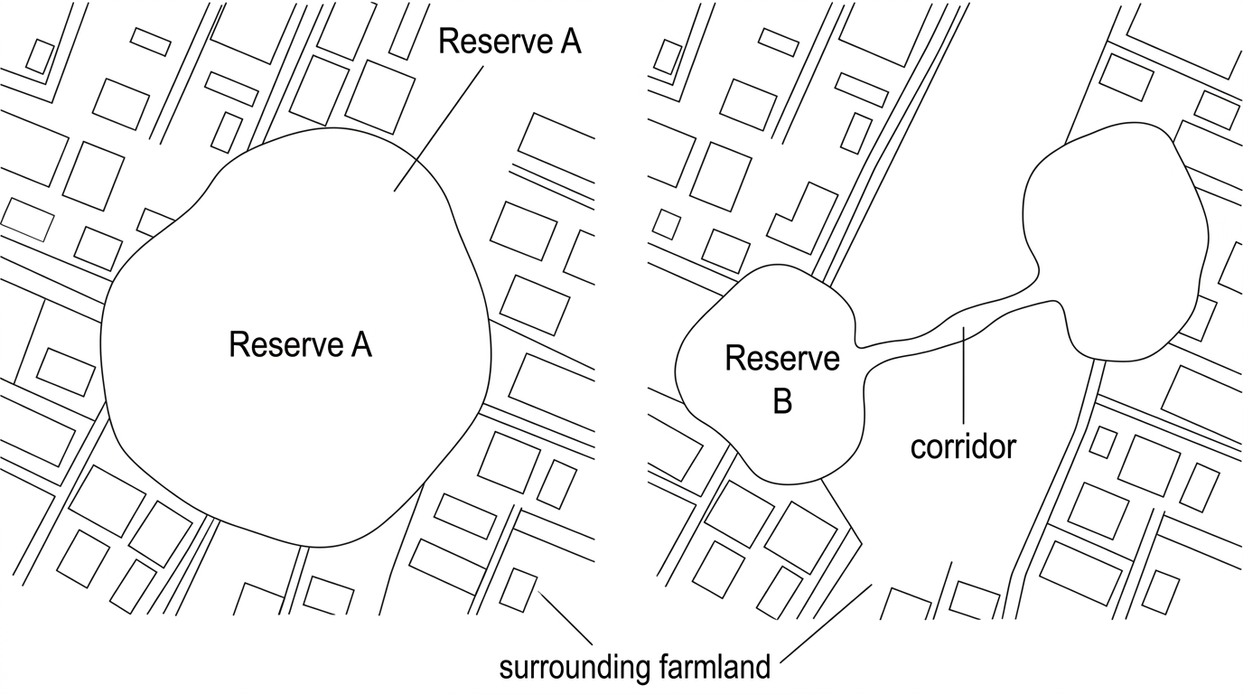 Map-style diagram showing Reserve A as a large isolated habitat patch surrounded by farmland, and Reserve B as a smaller patch connected by a corridor to another habitat patch. Labels: Reserve A, Reserve B, corridor, surrounding farmland; include relative areas visually.