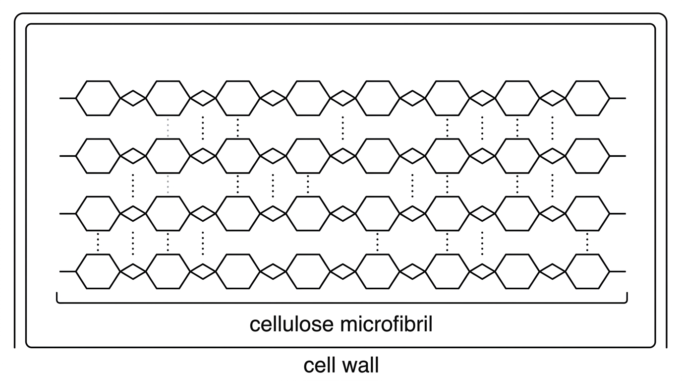 A schematic showing several long parallel polysaccharide chains arranged in a bundle within a plant cell wall. Individual glucose ring units are represented by repeated hexagons with alternating orientation. Dotted lines are shown between adjacent chains, but the type of intermolecular interaction is not labelled.