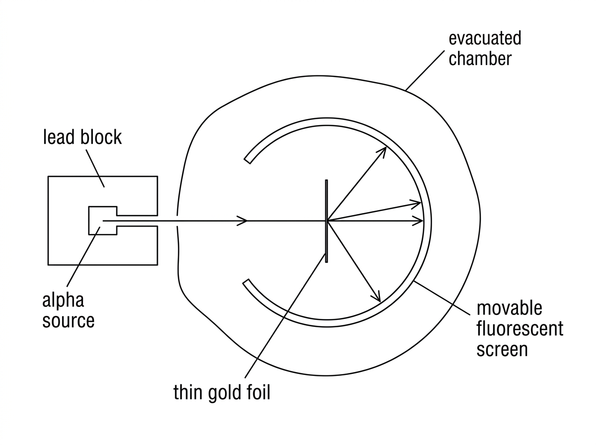 A labelled schematic of the Geiger-Marsden-Rutherford apparatus showing an alpha source in a lead block, a narrow collimated alpha-particle beam, a thin gold foil at the centre, an evacuated chamber, and a movable fluorescent screen arranged around the foil. The diagram should show possible paths including mostly straight-through particles and some deflected particles, without quantifying the relative numbers.