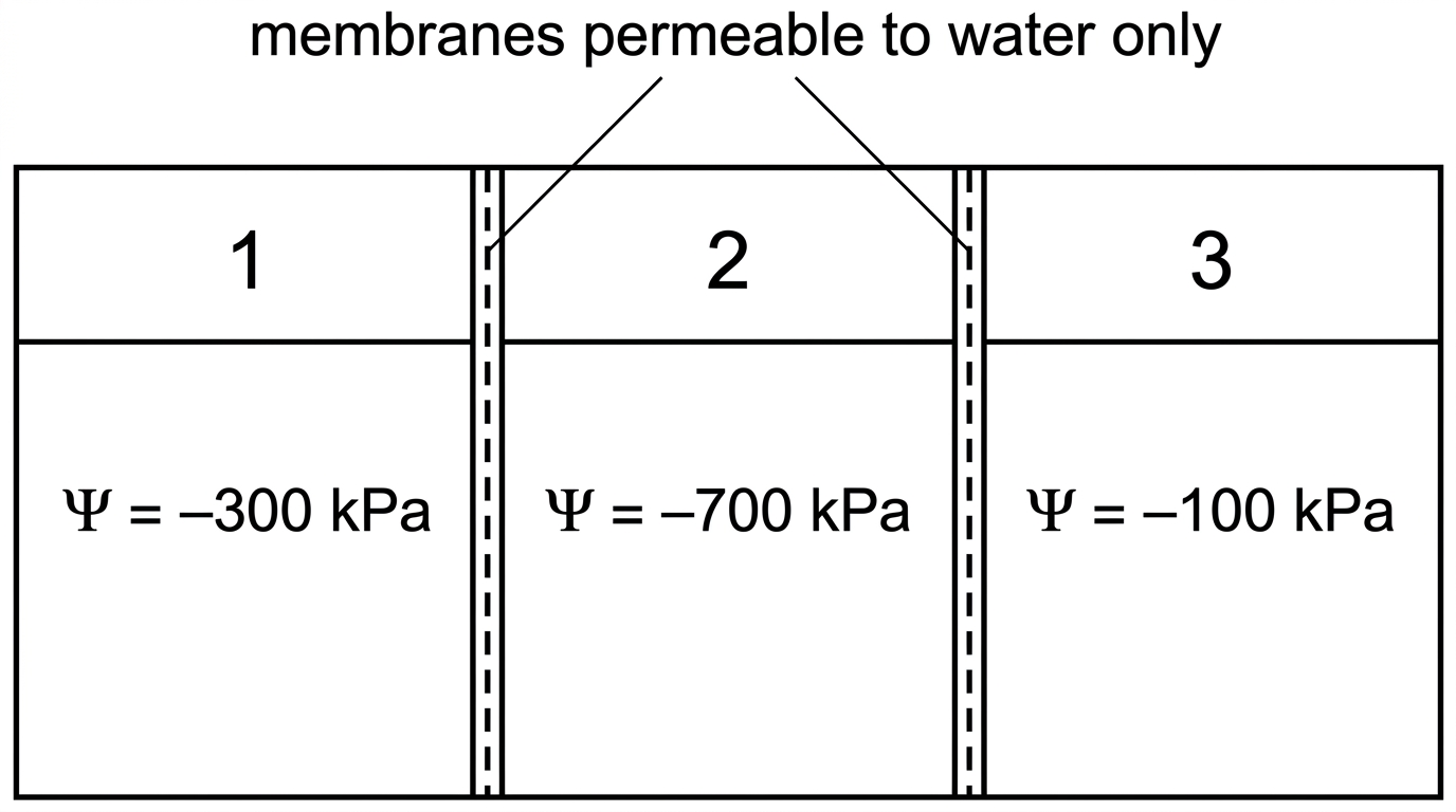 Three connected chambers labelled 1, 2 and 3, each with a water potential value in kPa including negative values; membranes between chambers are labelled permeable to water only.