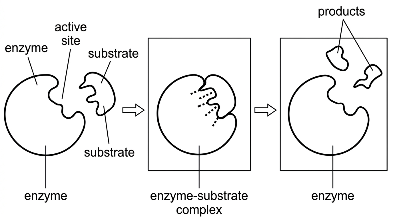 An annotated sequence diagram with three stages. Stage 1 shows a globular enzyme with a labelled active site and a separate substrate approaching. Stage 2 shows the substrate bound and the enzyme and substrate slightly changed in shape, with weak interactions indicated between the active site and substrate. Stage 3 shows products leaving and the enzyme returning to its original active form. Labels include enzyme, substrate, active site, enzyme-substrate complex and products.