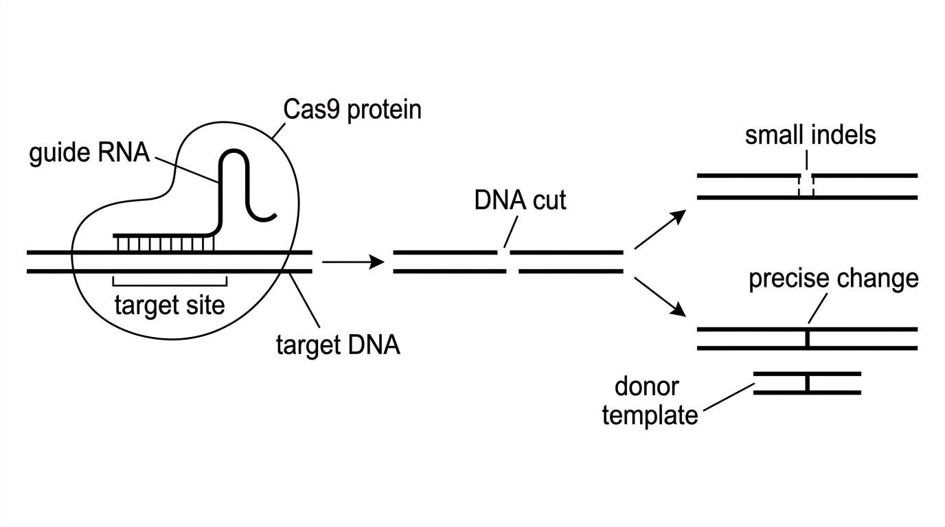 Flow diagram of CRISPR-Cas9 editing showing guide RNA bound to Cas9, complementary binding to a target DNA site, a DNA cut, and two alternative repair outcomes: disruption by small indels or precise change using donor template; labels for guide RNA, Cas9, target DNA and donor template.