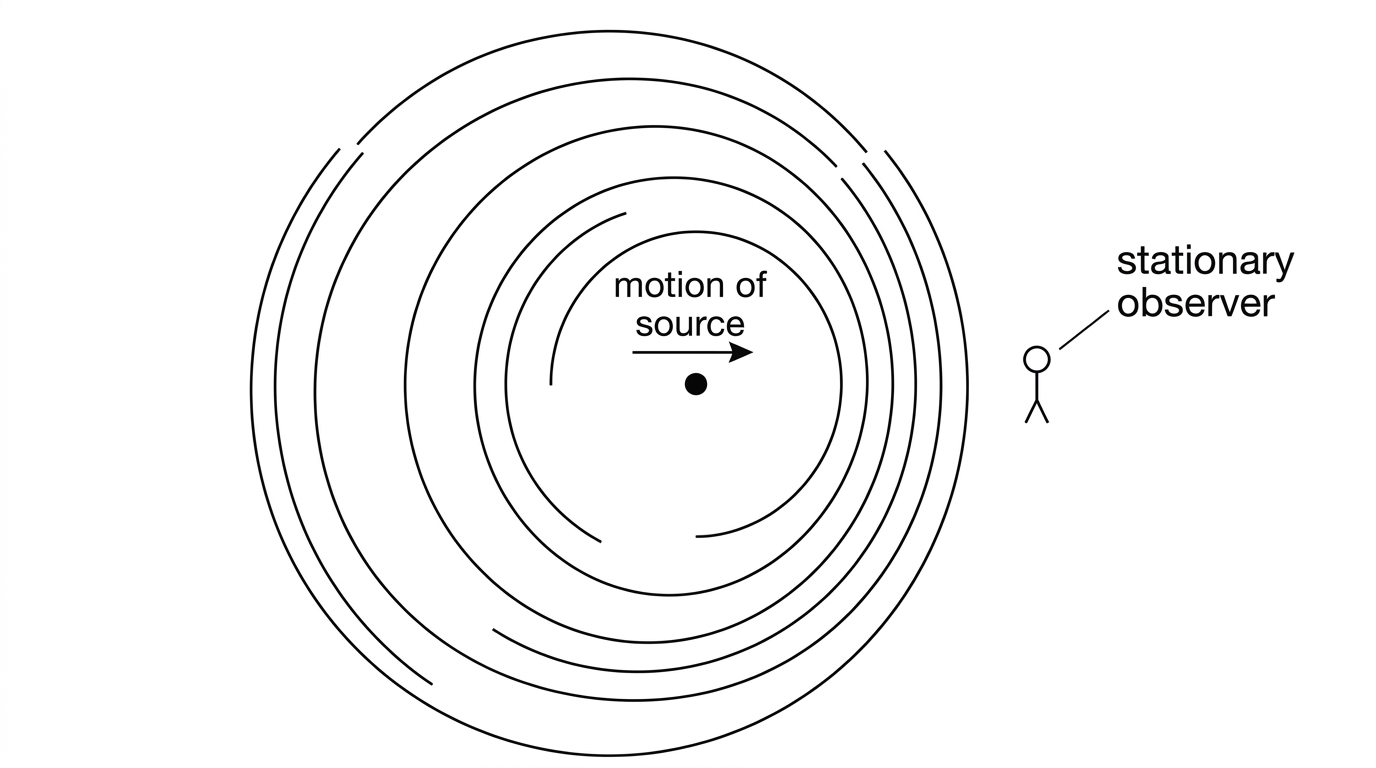 A moving point source with circular wavefronts compressed in front of the source on the right and spread out behind it on the left; a stationary observer is positioned to the right.