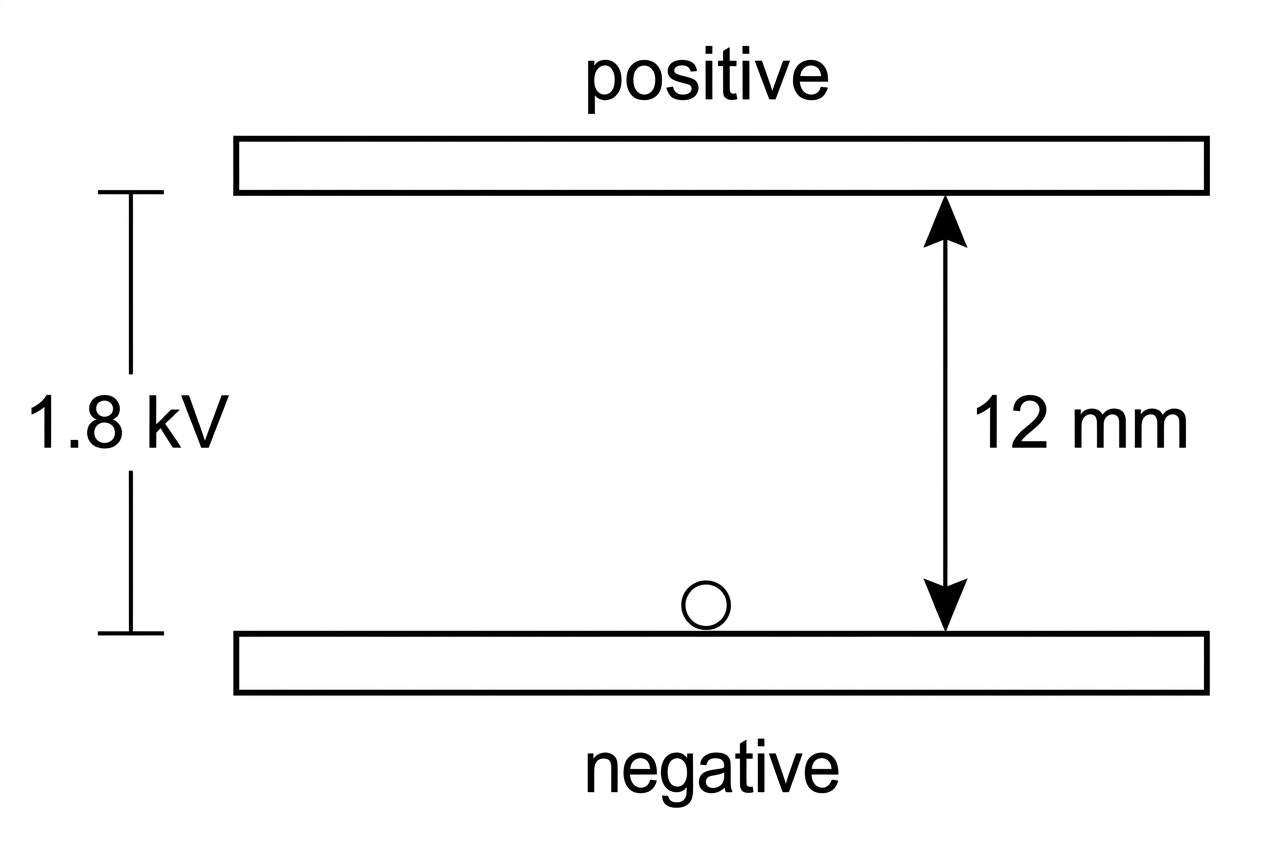 A side-view diagram of two large horizontal parallel plates. The upper plate is labelled positive and the lower plate negative. The separation is labelled $12\ \text{mm}$ and the potential difference is labelled $1.8\ \text{kV}$. A small negatively charged bead is shown near the lower negative plate. Edge effects are not shown in the central region.