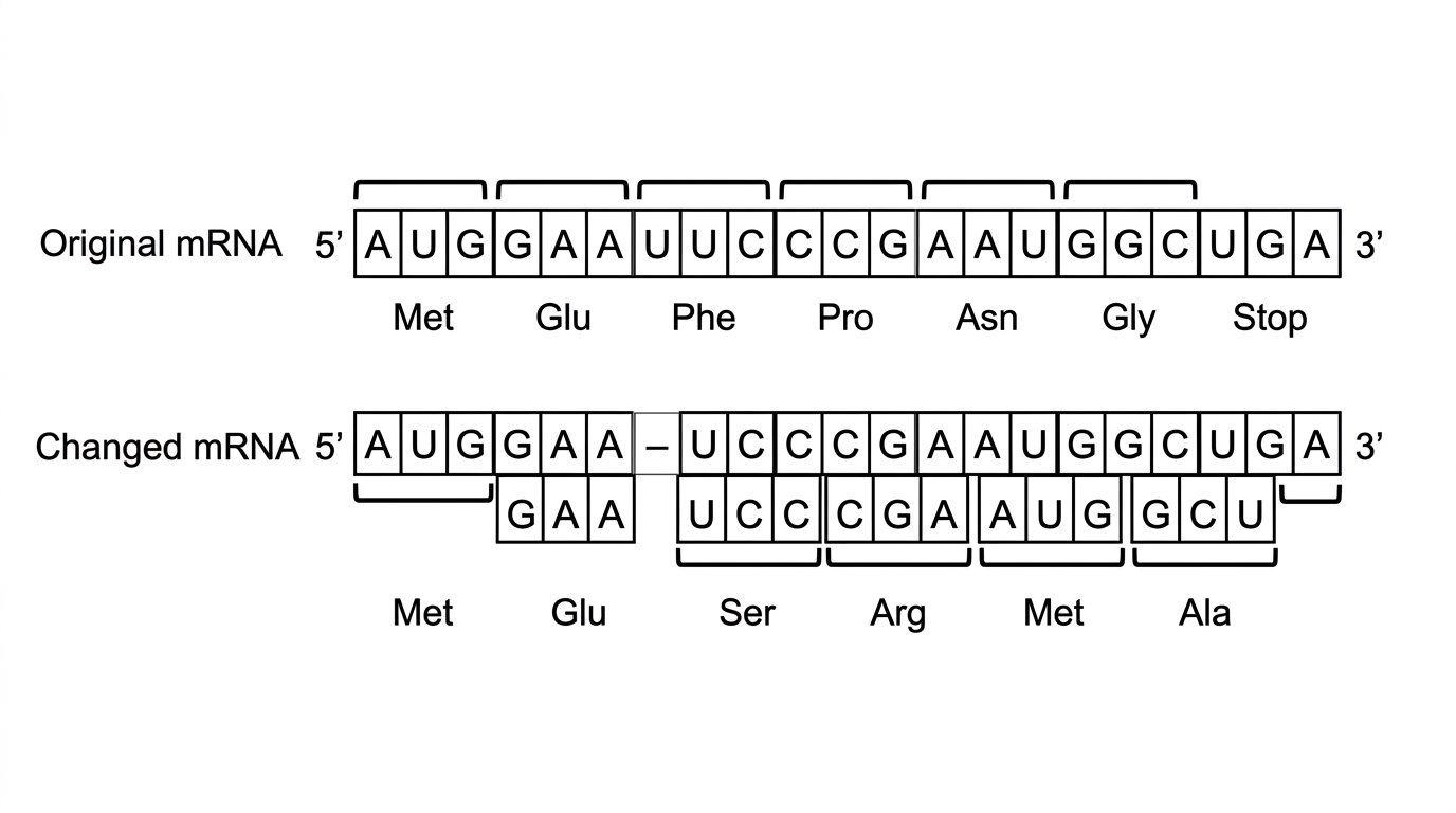 Aligned diagram of original and mutated mRNA sequences divided into codons, with a single missing base in the mutated sequence and changed codon grouping downstream; translated amino acid abbreviations shown below without labelling the mutation type.
