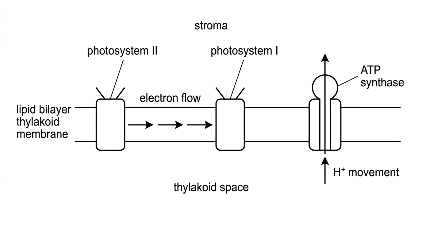 Cross-section of a thylakoid membrane with the thylakoid space, stroma, photosystem II, photosystem I and ATP synthase labelled; arrows show electron flow along the membrane and proton movement through ATP synthase without naming the requested sites.
