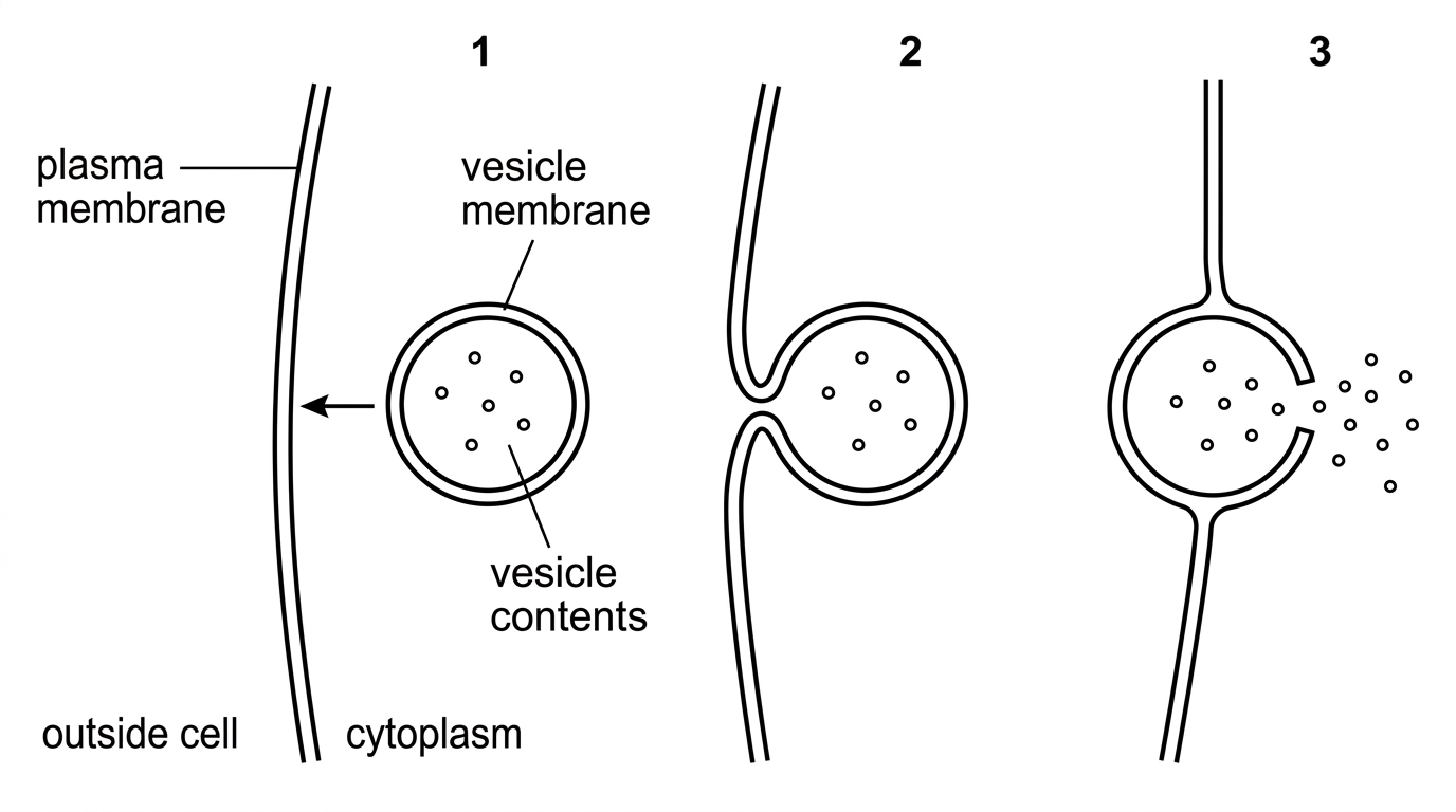 A sequence diagram of a vesicle approaching the cytoplasmic side of the plasma membrane, contacting it, fusing with it and releasing soluble contents to the outside of the cell. The vesicle membrane becomes continuous with the plasma membrane. The process is shown without naming it.