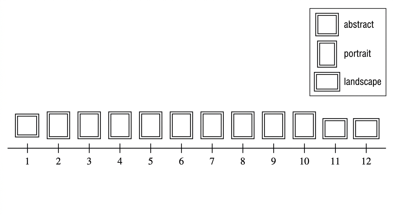 A straight display rail with 12 identical blank positions labelled from left to right; a separate legend identifies the categories abstract, portrait and landscape without assigning categories to particular positions.