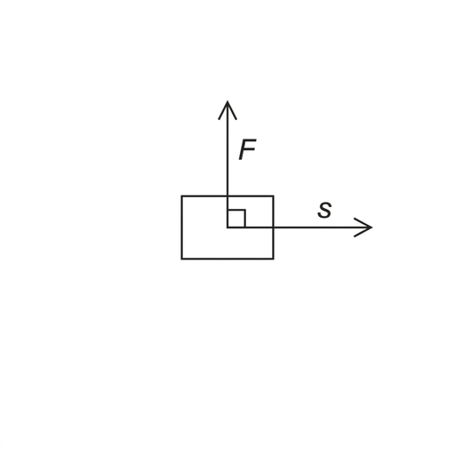 A simple diagram of a box with a horizontal displacement arrow pointing to the right. A force arrow on the box points vertically upward, perpendicular to the displacement. The right angle between the arrows is indicated.
