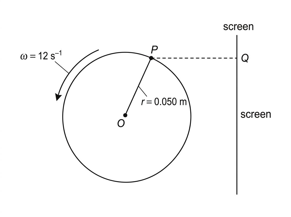 A diagram of a point moving uniformly around a circle. The circle radius is labelled, the centre is marked, and a horizontal projection from the point to a straight line or screen is shown. The angular speed label is shown near the circular path. The diagram should illustrate the projection idea without showing displacement-time equations or calculated values.