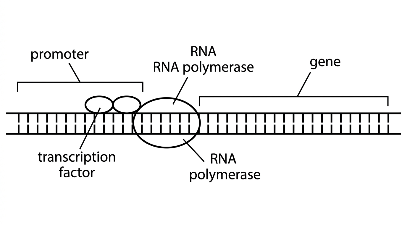 A DNA segment with a gene and an upstream promoter region. Show generic transcription factors bound to the promoter and RNA polymerase recruited near the transcription start region. Labels should include promoter, transcription factor, RNA polymerase and gene.