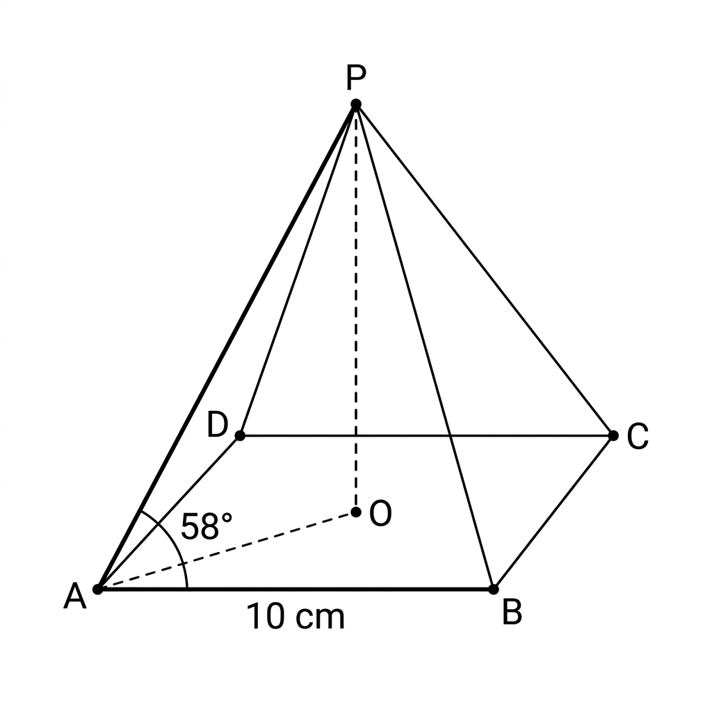 A right square pyramid with a square base and apex above the centre of the square. One slant edge from the apex to a base vertex is drawn more prominently, and its projection to the centre-to-vertex line in the base is indicated. The base side length and the angle between the slant edge and base plane are labelled.