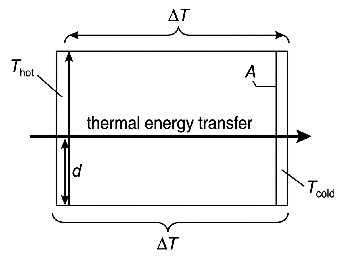 A simple slab diagram showing a flat insulating layer of uniform thickness, with the two faces at different temperatures. Arrows indicate the direction of thermal energy transfer through the layer, and labels identify area, thickness and temperature difference without giving numerical values.